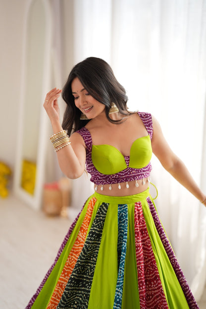 Multicolour Bandhani Style Chaniya Choli with Tassel Detailing