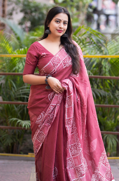 Pure Chanderi Cotton Double Batik Saree with Hand Batik Print