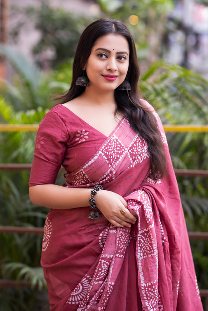 Pure Chanderi Cotton Double Batik Saree with Hand Batik Print