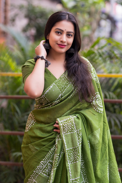 Pure Chanderi Cotton Double Batik Saree with Hand Batik Print