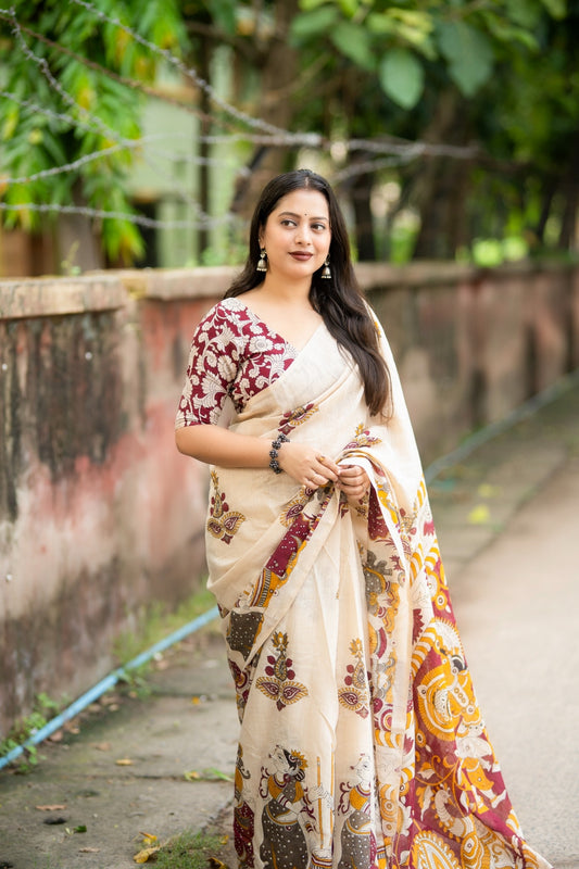 Soft Linen Kalamkari Saree with Aari Mirror Work
