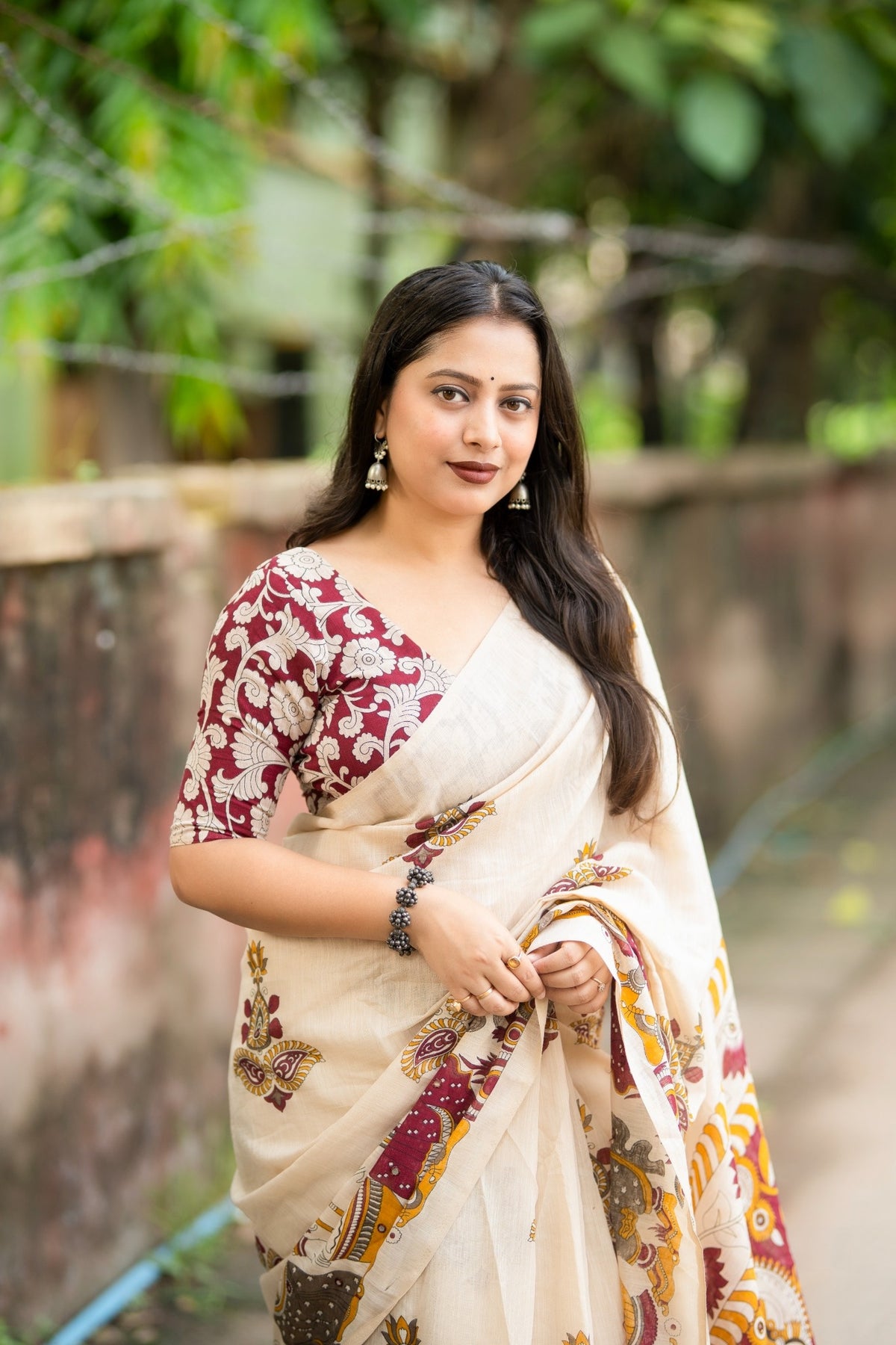 Soft Linen Kalamkari Saree with Aari Mirror Work