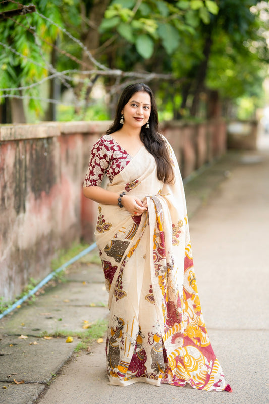 Soft Linen Kalamkari Saree with Aari Mirror Work