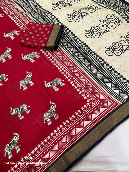 Cotton Crape Elephant Print Saree with Zari Pattu Border