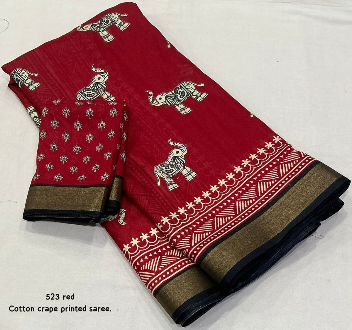Cotton Crape Elephant Print Saree with Zari Pattu Border