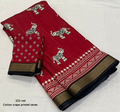 Cotton Crape Elephant Print Saree with Zari Pattu Border