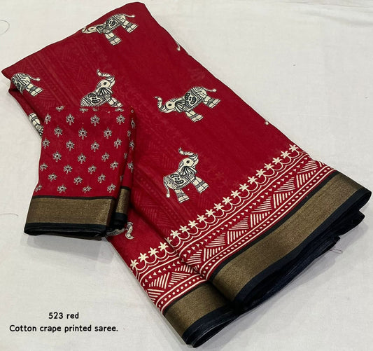 Cotton Crape Elephant Print Saree with Zari Pattu Border