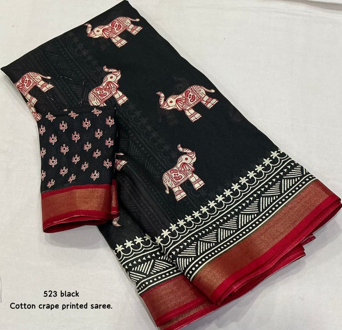 Cotton Crape Elephant Print Saree with Zari Pattu Border