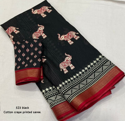 Cotton Crape Elephant Print Saree with Zari Pattu Border