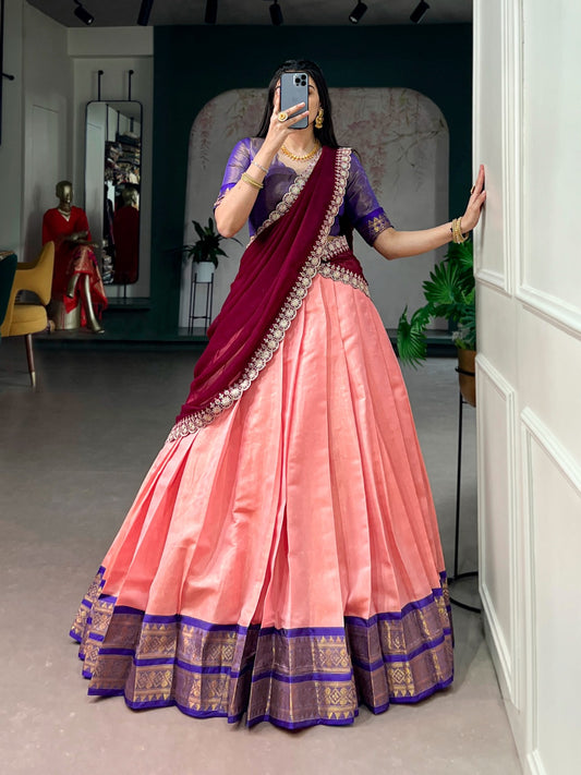 Peach Pink Kanchipuram Lehenga Choli with Zari Weaving & Embroidered Dupatta