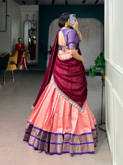 Peach Pink Kanchipuram Lehenga Choli with Zari Weaving & Embroidered Dupatta