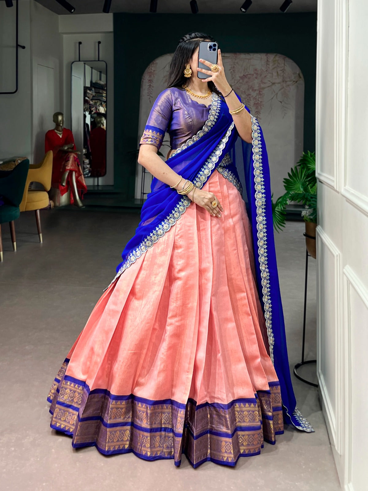 Peach Pink Kanchipuram Lehenga Choli with Zari Weaving & Embroidered Dupatta
