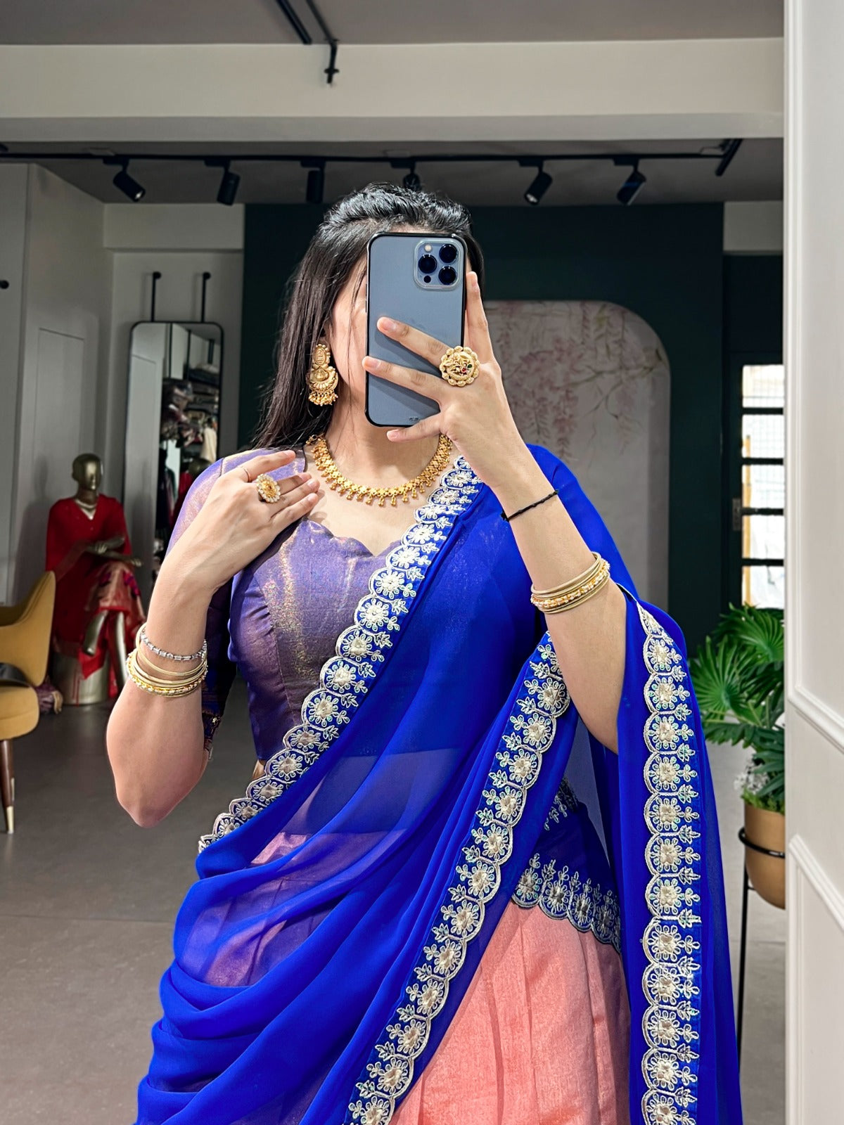 Peach Pink Kanchipuram Lehenga Choli with Zari Weaving & Embroidered Dupatta