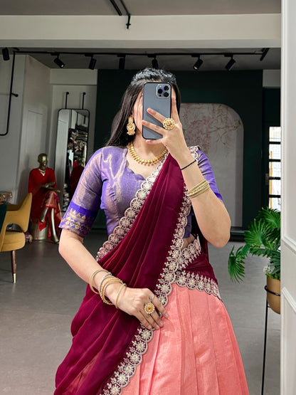 Peach Pink Kanchipuram Lehenga Choli with Zari Weaving & Embroidered Dupatta