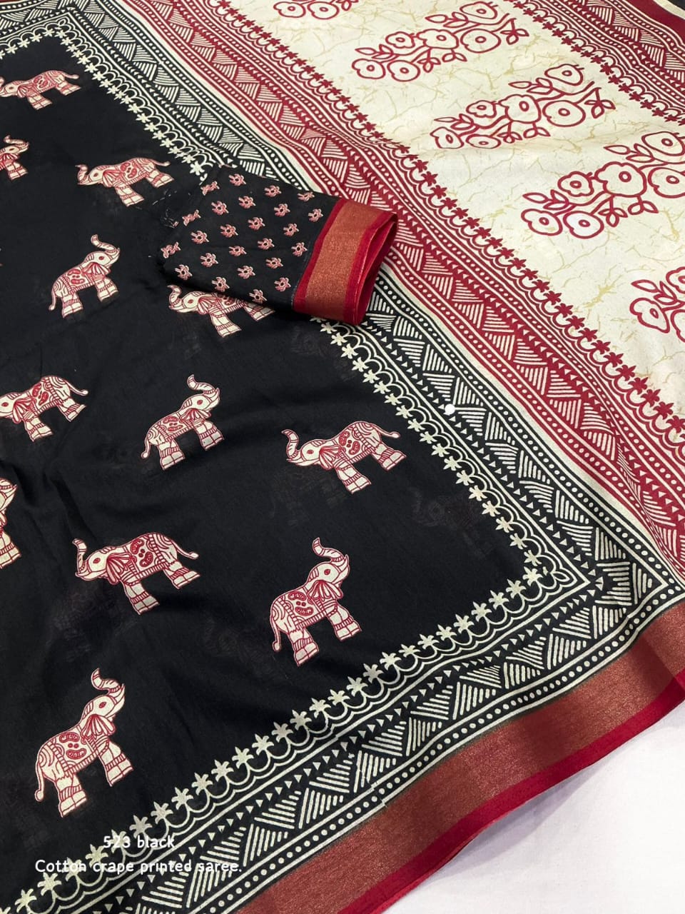 Cotton Crape Elephant Print Saree with Zari Pattu Border