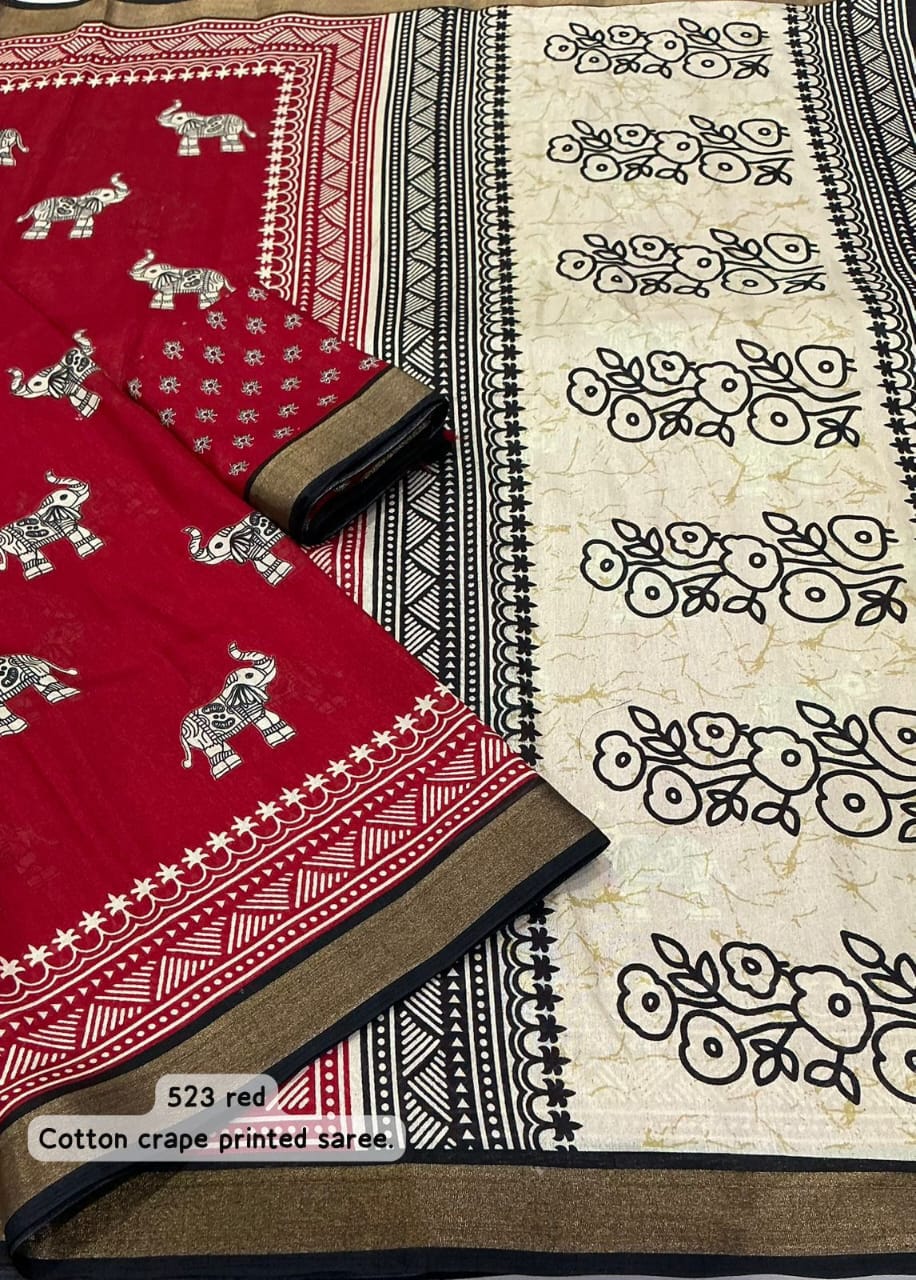 Cotton Crape Elephant Print Saree with Zari Pattu Border