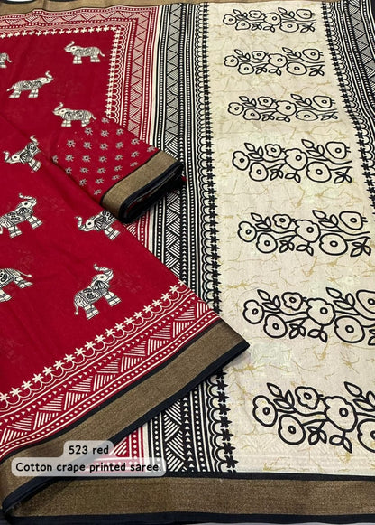 Cotton Crape Elephant Print Saree with Zari Pattu Border