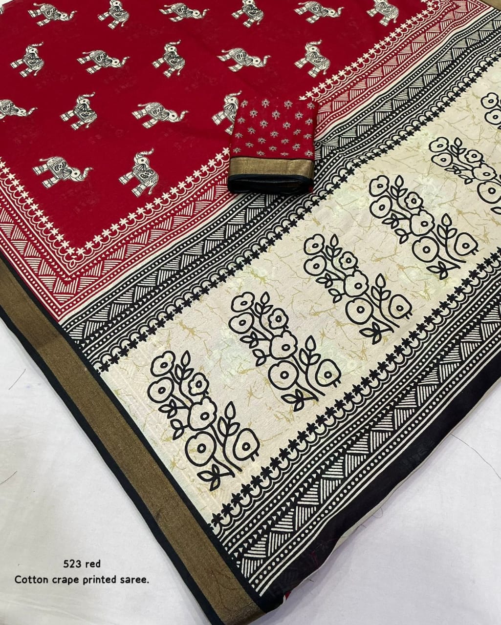 Cotton Crape Elephant Print Saree with Zari Pattu Border