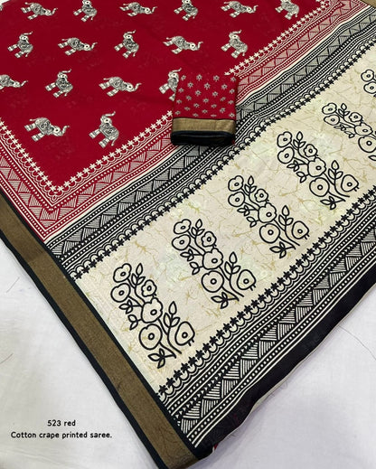 Cotton Crape Elephant Print Saree with Zari Pattu Border