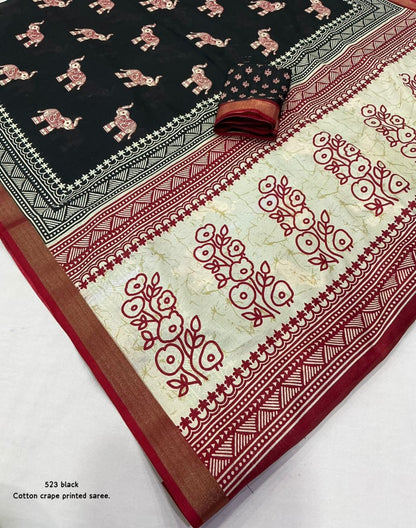 Cotton Crape Elephant Print Saree with Zari Pattu Border