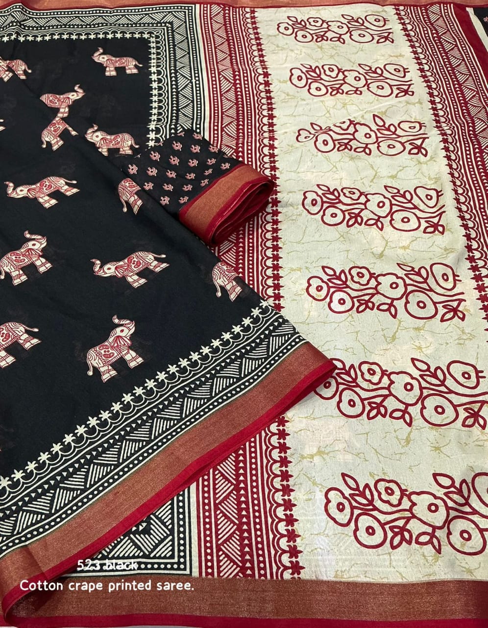 Cotton Crape Elephant Print Saree with Zari Pattu Border