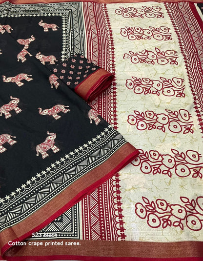 Cotton Crape Elephant Print Saree with Zari Pattu Border